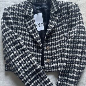 Zara Black and White Houndstooth Blazer